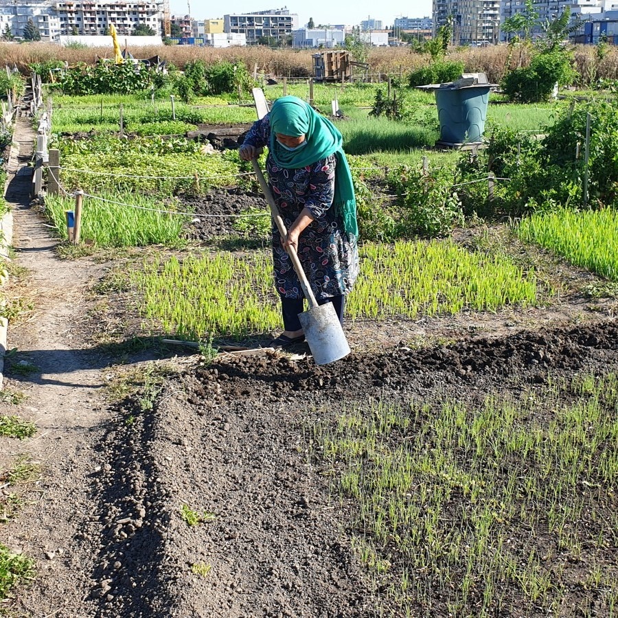 Eine Frau arbeitet im Garten