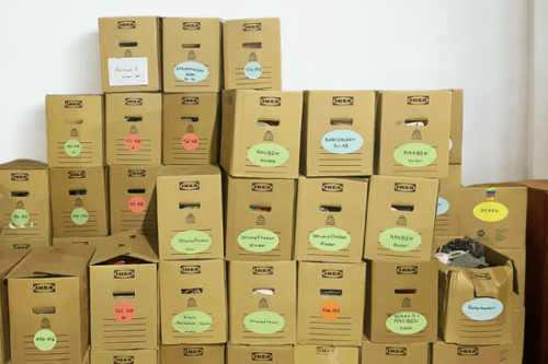 Mehrere Kartons stehen gestapelt an einer Wand. Die Kartons sind mit bunten Etiketten beschriftet.